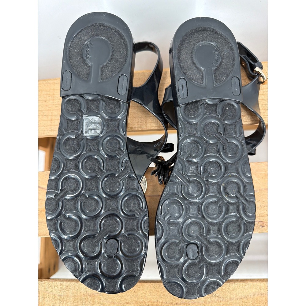 Coach Helma Black Jelly Thong Sandals Bow Tassel Gold Logo 8B EUR 38 - Picture 2 of 8